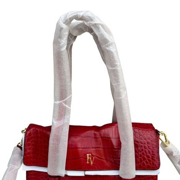 Frances Valentine Red Croc-Embossed Leather Shoulder Bag Long Strap Snap Closure - Picture 15 of 15